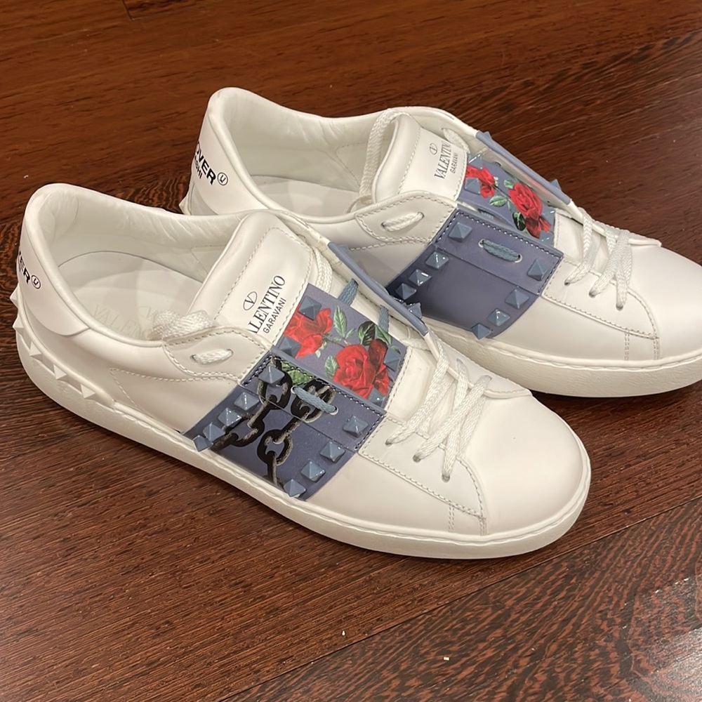 Valentino Garavani White Leather Sneakers with Blue Floral Strap